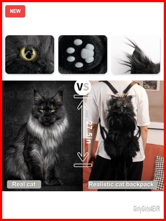 Realistic Plush Stuffed Animal Backpack, Handmade Cat Purse with Adjustable